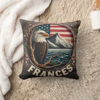 Majestic Eagle With Mountains and Flag Background Throw Pillow