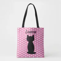 Personalized Black Cat Silhouette Polka Dots   Tote Bag