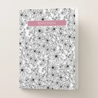 Hand Drawn Floral Black White Pattern & Pink Name Pocket Folder