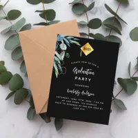 Black greenery gold cap 2025 graduation party invitation postcard