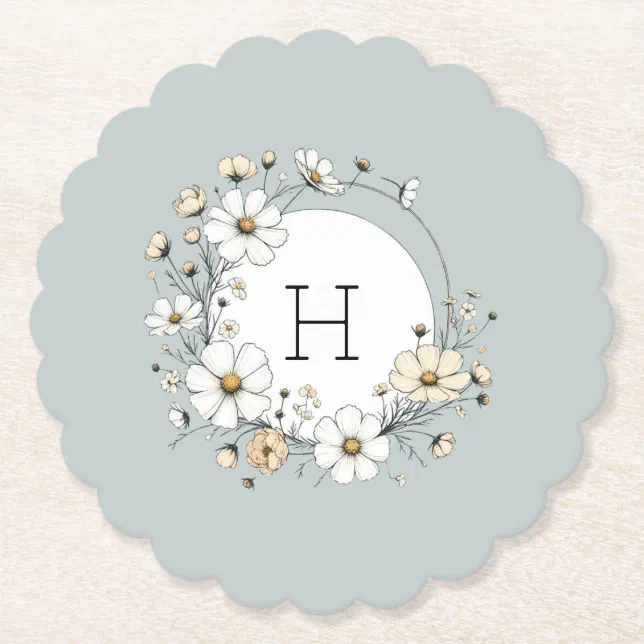 Sage Green Monogram Boho Flowers Personalized  Paper Coaster