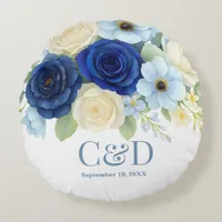 Navy Royal Bue Wedding Watercolor Ivory Flowers Round Pillow