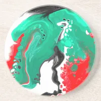Red, Green, Black and White Marble Fluid Art   Coaster