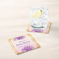 Baby Shower rose gold purple florals name Square Paper Coaster