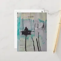 A Boat Mixed Media Collage Black White Blue Postcard