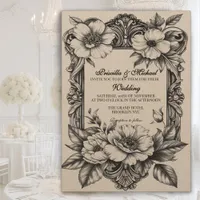 Floral  Black & White Vintage Decor Wedding Invitation