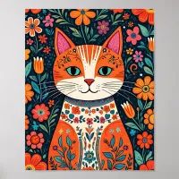 Whimsical Folk Art Cat and Flowers Poster