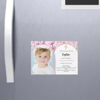 Pink florals photo arch girl cross Baptism Magnetic Invitation