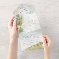 Watercolor Landscape Wedding Sage Green ID786 All In One Invitation