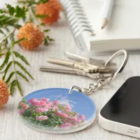 Pink rose bush under blue sky, custom  keychain