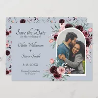 Dusty Blue and Burgundy Flowers Photo Wedding Save The Date