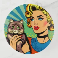 Cartoon Comic Pop Art Women Holding Cat Trinket Tray