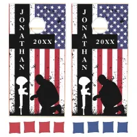 American Flag Black Cross Soldier Memorial Name Cornhole Set