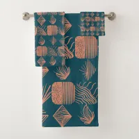 Bold Caribbean Tribal Mudcloth: Teal, Coral Throw Bath Towel Set