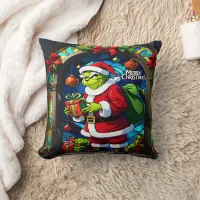 Grinch in a holiday window on Xmas Eve Throw Pillow