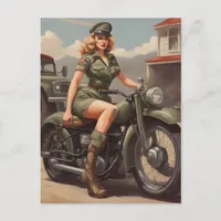 Retro Motorcycle Pinup Woman Postcard