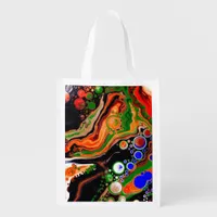 Orange, Blue, Green, Black Digital Fluid Art   Grocery Bag
