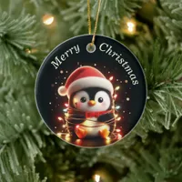 Cute Penguin Wrapped in Christmas Lights Ceramic Ornament