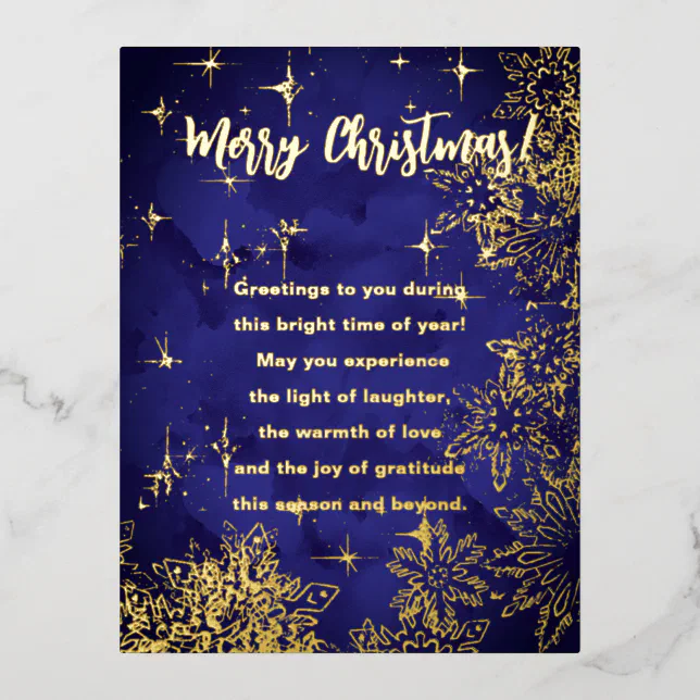 Merry Christmas in bluewith snowflakes and stars  Foil Holiday Postcard