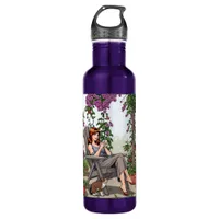 Pretty Woman Drinking Coffee, Her Dog and Plants Stainless Steel Water Bottle
