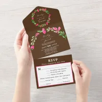 Pink Floral Greenery Modern Brown Elegant Wed RSVP All In One Invitation