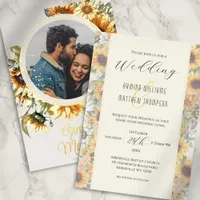 Elegant Sunflower Cream Photo Wedding Foil Invitation