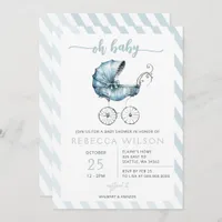 Oh Baby Blue Stroller Pram Boy Baby Shower  Invitation