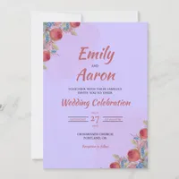 Lilac Coral Rose Boho Floral Watercolor Wedding Invitation