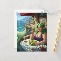 Mermaid at the Cafe Eating Salad Fantasy Postcard