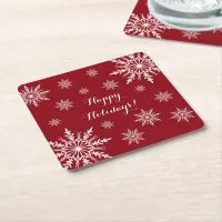 Red and White Winter Snowflakes Happy Holidays Square Paper Coaster