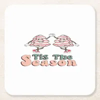 Tis The Season Retro Groovy Christmas Vintage Chri Square Paper Coaster