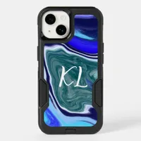 Monogrammed Blue and White Marble Fluid Art   OtterBox iPhone 14 Case