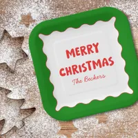 Retro Bold Wavy Red & Green Custom Merry Christmas Paper Plates