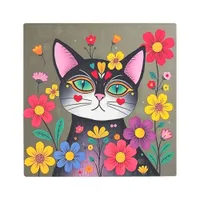 Cute Folk Art Black Cat and Flowers