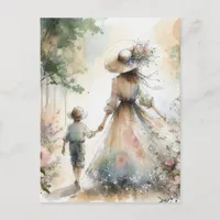 Woman and Child in Flower Garden Mother's Day Postcard