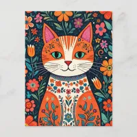 Whimsical Folk Art Cat and Flowers Postcard