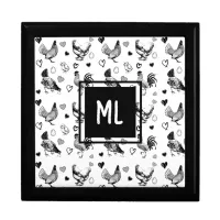 Monogrammed Black and White Cartoon Chickens Gift Box