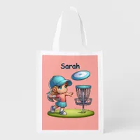 Cute Little Girl Disc Golf Cartoon Personalized Grocery Bag