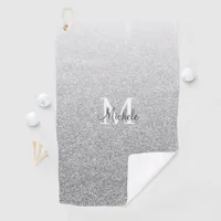 Girly Silver Glitter Monogram Script Golf Towel