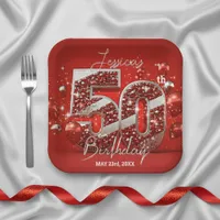 Dazzling Red and Silver Glittery 50th Birthday Paper Plates
