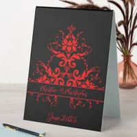 Romantic, Elegant Vintage Red Damask Wedding Table Tent Sign