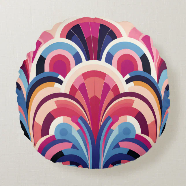 1920 Retro Art Deco Pink, Purple, Blue Modern Round Pillow