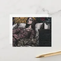 The Beautiful Sleepy Queen and her Cat Woodblock Postcard