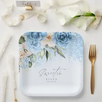 Floral Sparkles Sweet Sixteen Blue ID912 Paper Plates