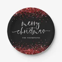 Red Glitter Merry Christmas Party Black Paper Plates