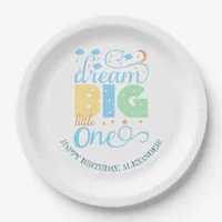 Dream Big Little One Blue Baby Boy 1st Birthday Paper Plates