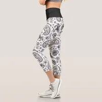 Cool Black And White Bandana Paisley Capri Leggings