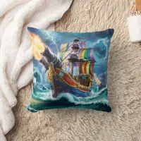 Colorful Pirate Ship Navigating Stormy Seas Throw Pillow