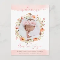 Girly Floral Watercolor Photo Birth Announcement Postcard