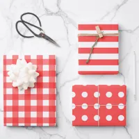Raspberry Red White Gingham Dots Striped Matching  Wrapping Paper Sheets